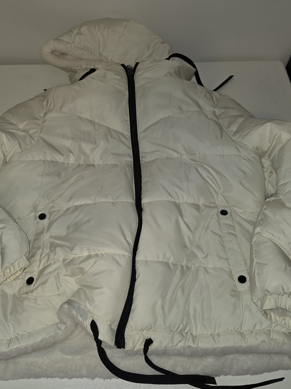Steve Madden Cream Hooded Puffer Jacket with Black Trim